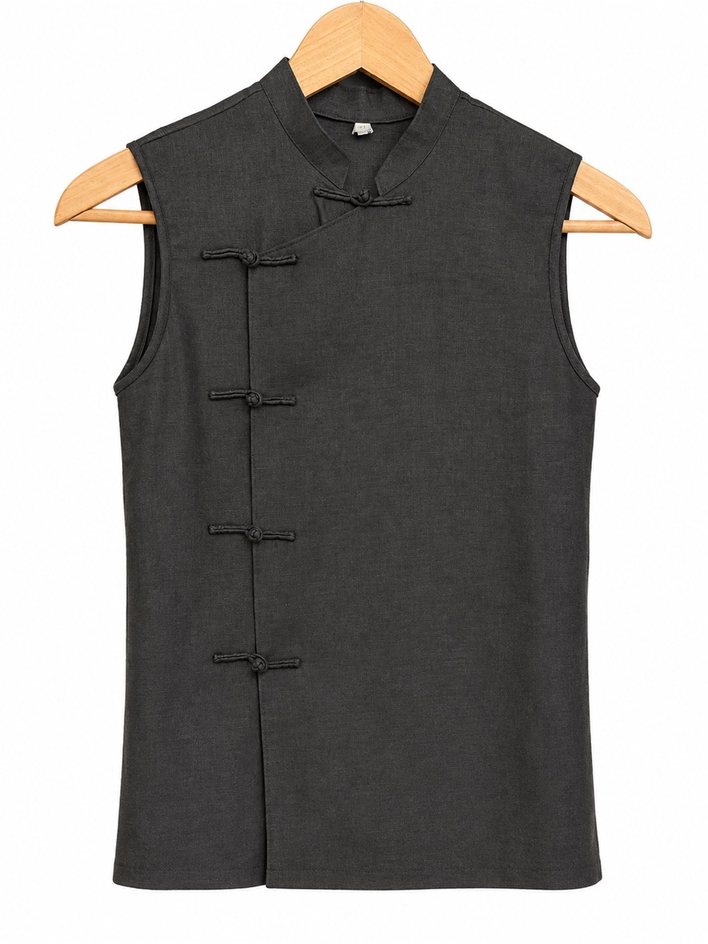Vintage Y2K Linen Sleeveless Mandarin Asian Frog Closure Top Black Small